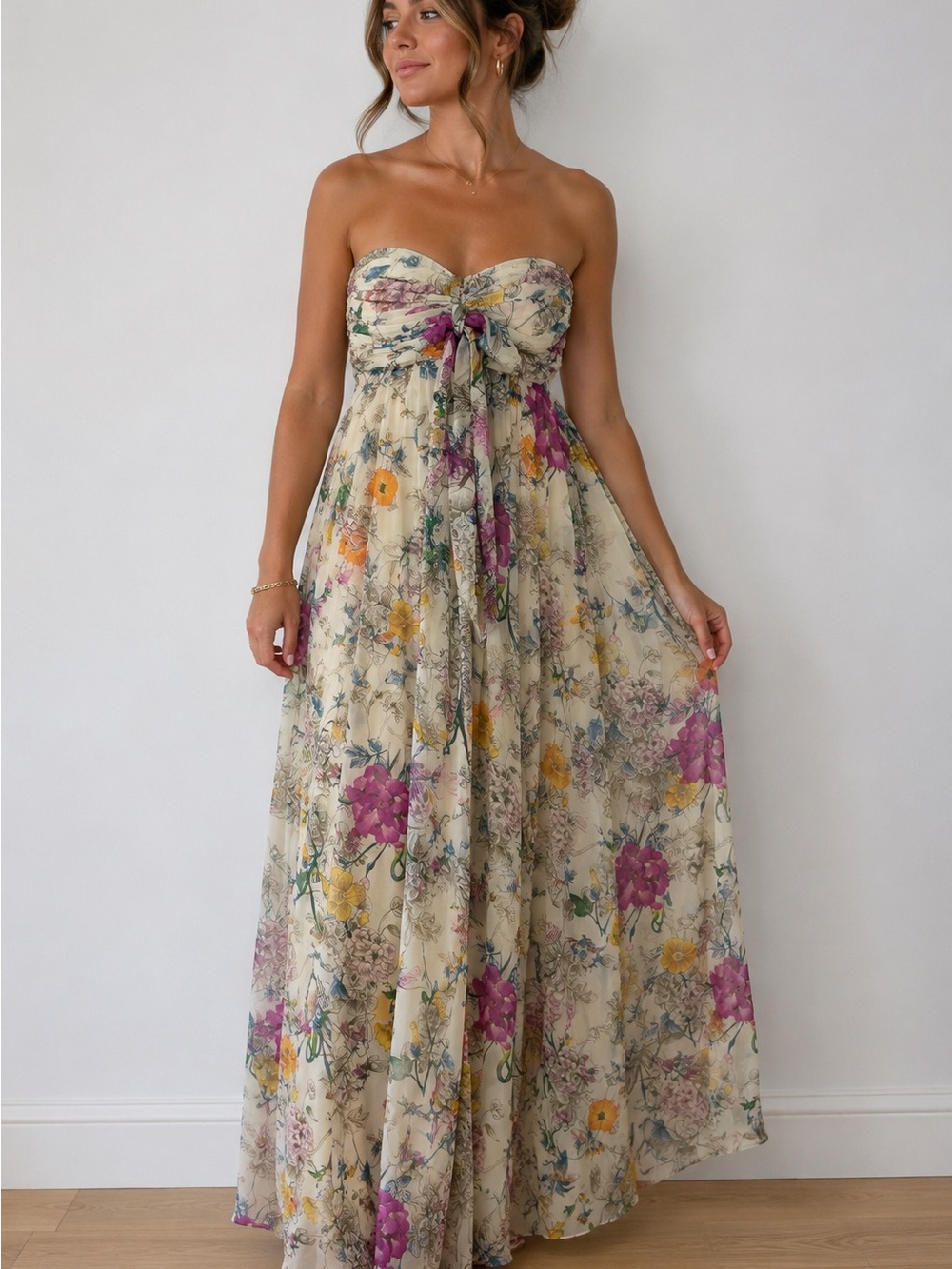H&M Floral Strapless Ruched Maxi Dress Tie Front Size 6